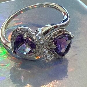 925 Sterling Silver Amethyst Heart Bypass Ring Size 7 Purple Stone CZ Accent